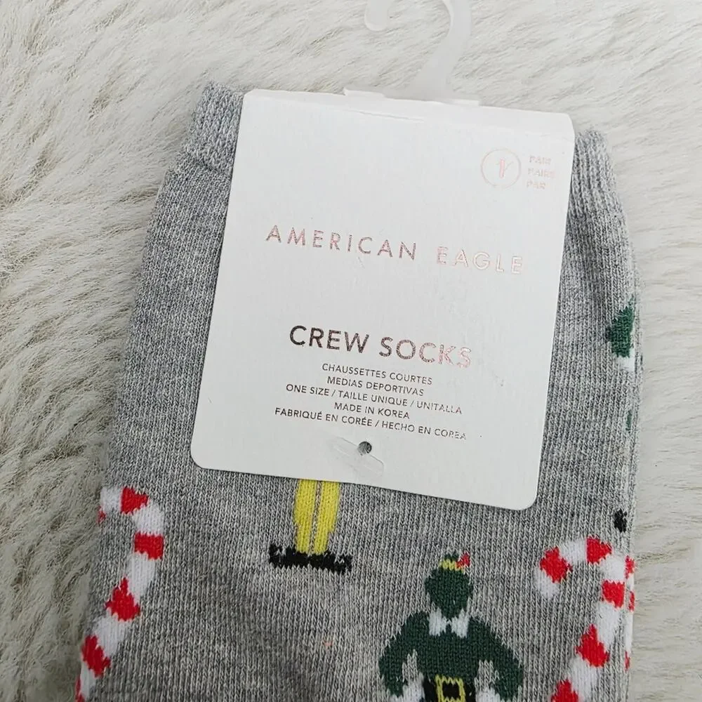 American Eagle Gray Angry Elf Holiday Crew Socks NWT One Size Unisex Christmas